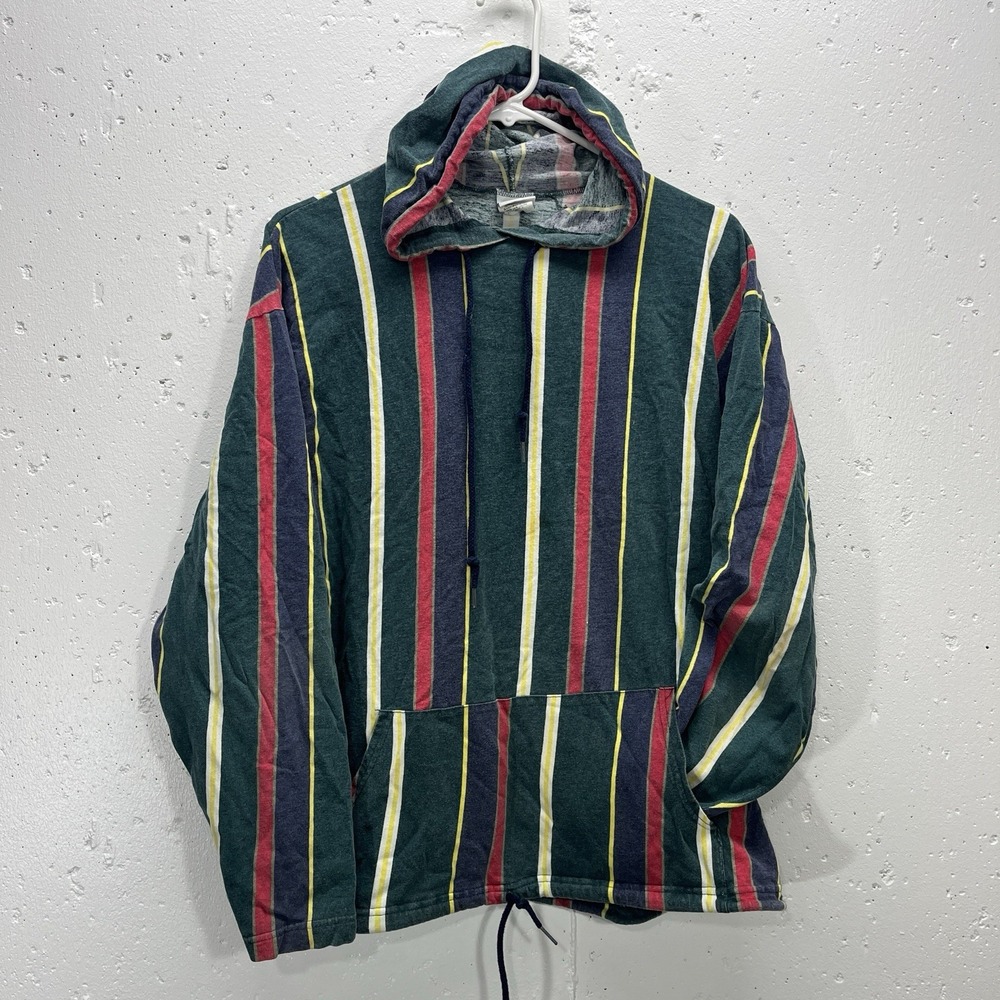 VTG Sostanza Men's L/XL‎ Hooded Striped Long Sleeve Pullover T-Shirt 90s